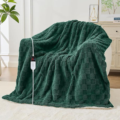 Electric Heated Blanket Twin Size - Jacquard Checkered Sherpa 62"x84" Fast Heating Bed Blankets with 6 Heating Levels & 10 Hours Auto Off, Over-Heat Protection ETL, Dark Green