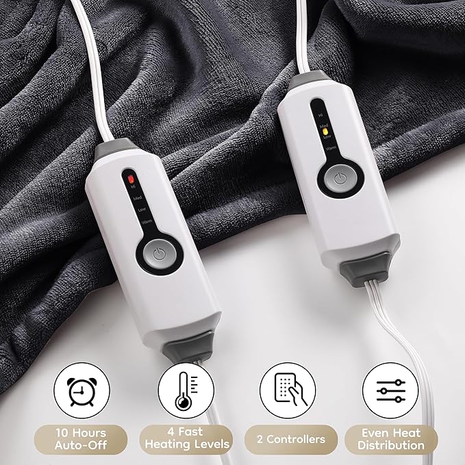 Electric Heated Blanket King Size 90×100, Comfortable & Luxurious Flannel, 4 Heating Levels & 10 H Auto Shut Off, Dark Grey