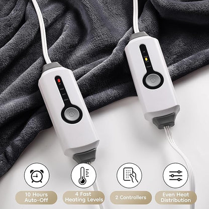 Electric Heated Blanket King Size 90×100, Comfortable & Luxurious Flannel, 4 Heating Levels & 10 H Auto Shut Off, Dark Grey