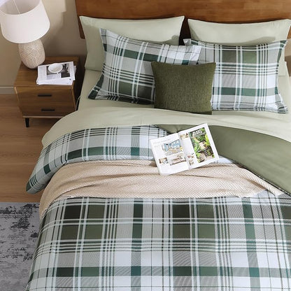 MaiRêve Plaid Queen Comforter Sets Olive Green, Classic Farmhouse Bedding Set Bed in a Bag 7 Pieces, Lightweight All Season Comforter Set with Fitted & Flat Sheet, Pillowcases & Shams