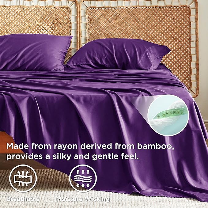 Bedsure Queen Sheet Set, Rayon Derived from Bamboo, Cooling Sheets, Breathable & Soft, Deep Pocket Up to 16 Inches, Hotel Luxury Silky Bedding for Hot Sleepers, Plum