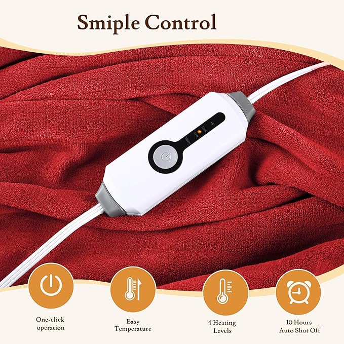 Electric Heated Blanket 72"x84" Full Size - 4 Heat Levels, 10H Auto Shut Off, Ultra-Soft Coral Fleece Heated Blanket with Overheat Protection, Fast Heating, Machine Washable - Red