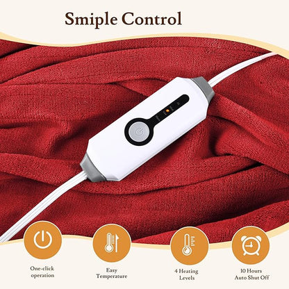 Electric Heated Blanket 72"x84" Full Size - 4 Heat Levels, 10H Auto Shut Off, Ultra-Soft Coral Fleece Heated Blanket with Overheat Protection, Fast Heating, Machine Washable - Red