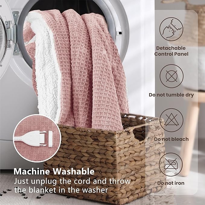 Heated Blanket Electric Blanket King Waffle, 90x100 Inches Dual Controllers Sherpa Fleece Fast Heating Blanket 6 Heating Levels & 10 Hours Auto Off ETL Certification, Pink King