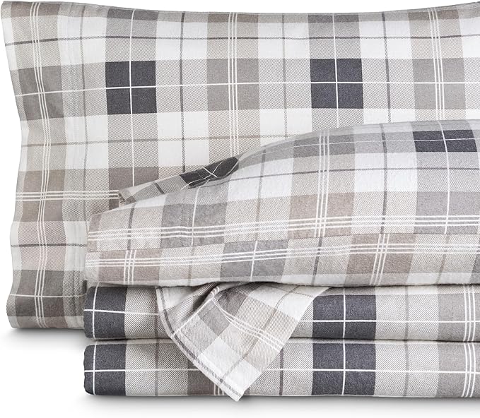 Bare Home Cotton Flannel Sheet Set Prints, 100% Cotton, Velvety Soft Heavyweight - Double Brushed for Softness & Comfort - Deep Pocket - Bed Sheets - Cotton - Flannel - Printed (Queen, Quarry Plaid)
