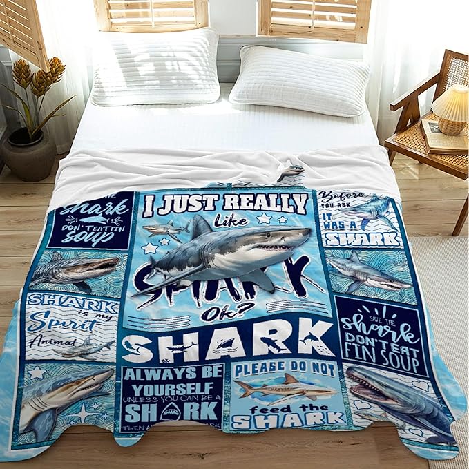 Shark Blanket Ocean I Just Really Like Sharks Throw Blanket Gifts for Girls Boys Kids Adults Soft Flannel Blanket for Sofa Couch Bed Warm Cozy Home Decor for All Seasons,60"x80"for Full/Queen