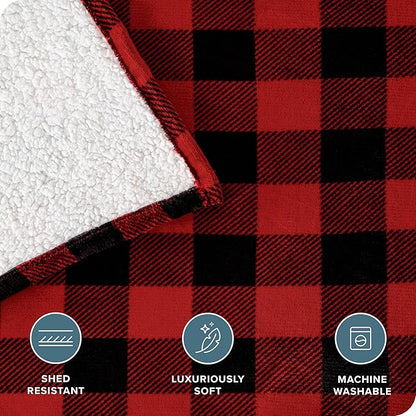 Bare Home Sherpa Fleece Blanket - Twin/Twin Extra Long - Blanket for Bed, Sofa, and Couch - Warm & Lightweight - Fluffy & Soft - Reversible (Twin/Twin XL, Buffalo Plaid - Red/Black)