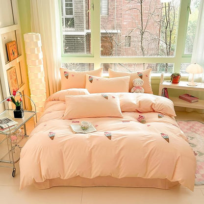 MorroMorn Cotton Duvet Cover Queen Size, Peach Pink Bed Set 3D Embroidery Bedding Sets All Seasons, Chenille Embroidered Comforter Covers Blanket for Girls Kids Teen (Ice Cream Cones, Full/Queen)