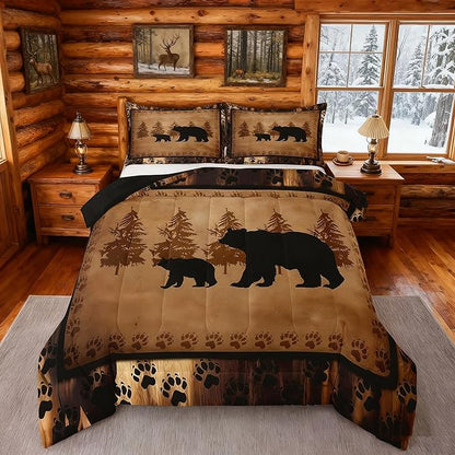 Feelyou Bear Comforter Set Full Size Farmhouse Wild Animal Comforter Retro Bear Family Bedding Set for Kids Boys Girls Brown Bear Paws Duvet Set Rustic Bedroom Decor Quilted Set 3Pcs