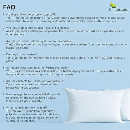 Four Seasons Essentials Waterproof King Pillow Protectors (Set of 2) – Zippered Pillow Cover Hypoallergenic Dust Allergy Proof Encasement