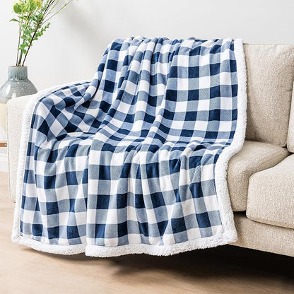 PAVILIA White and Navy Blue Buffalo Plaid Sherpa Throw Blanket for Couch Twin, Soft Fuzzy Flannel Blanket for Bed, Plush Checkered Fleece Blanket and Throws, Warm Thick Winter Blanket Gift, 60x80