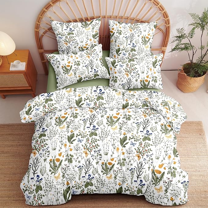 Floral Duvet Cover Queen Size Green Floral Botanical Bedding Set with Yellow Flower Kids Boys Girls Vintage Garden Style Fall Reversible Soft Breathable Microfiber Duvet Cover Set, 3 Pieces