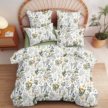 Floral Duvet Cover Queen Size Green Floral Botanical Bedding Set with Yellow Flower Kids Boys Girls Vintage Garden Style Fall Reversible Soft Breathable Microfiber Duvet Cover Set, 3 Pieces