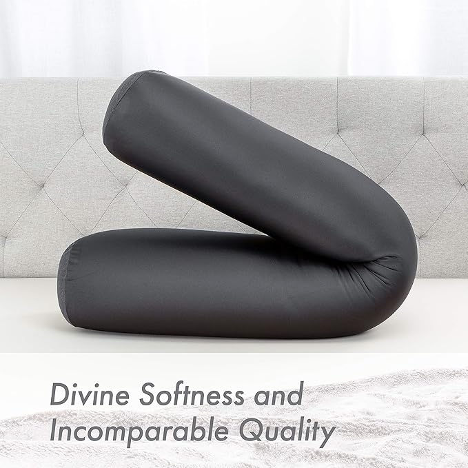 Straight Body Pillow, Full Size Premium Microbead,Side Sleeping/Maternity Pregnant Women, Supportive,Fluffy, Breathable, Cooling, 85/15 Spandex/Nylon Silky Feel Anti-Aging - 48 X 8 - Black