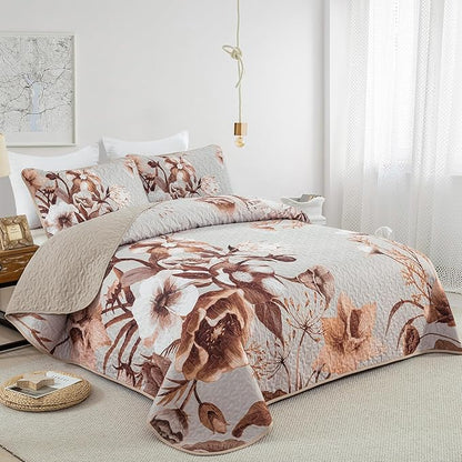 Khaki Quilt Set King Size Bedding Set 3 Pieces Boho Floral Quilt Bedspread Soft Microfiber Lightweight Flower Coverlet Set with 2 Pillow Shams for All Season 90"x104"