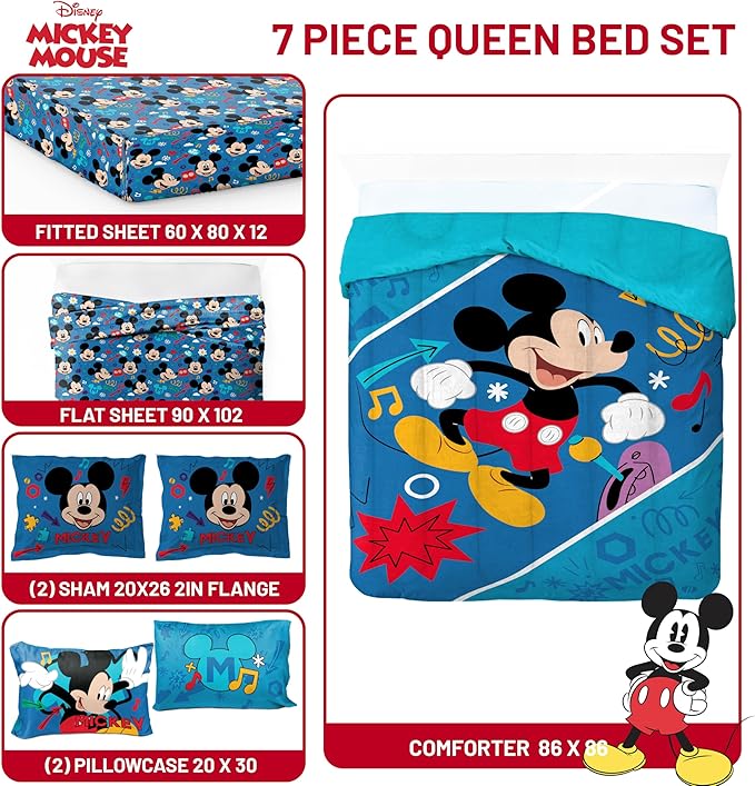 Jay Franco Kids Comforter Set Includes Sheets and Pillow Covers - Soft and Cozy Bed Set for Stylish Room Decor, Blue - Mickey Mouse, 7 Queen Piece Bedding