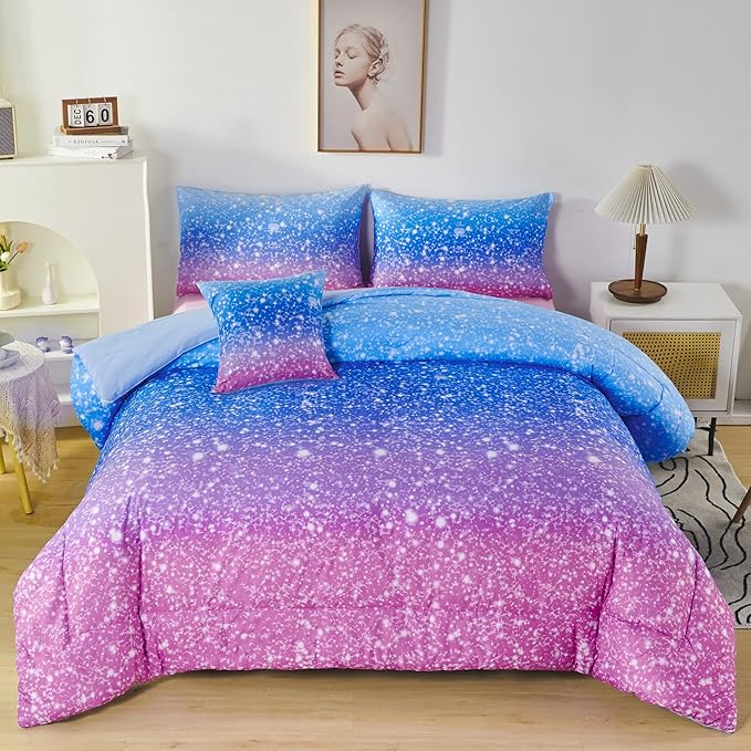 RYNGHIPY 6Pcs Sparkle Gradient Glitter Comforter Sets, Ombre Indigo Pink Gradient Bedding Set for Boys Girls, Rainbow Bed in A Bag Queen Size