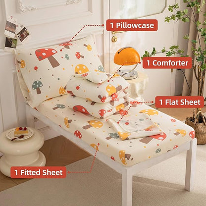 SDIII 4 Piece Mushroom Toddler Bedding Set, Soft Microfiber Botanical Bedding Toddler Bed Set with Comforter, Fitted Sheet, Flat Sheet and Pillowcase
