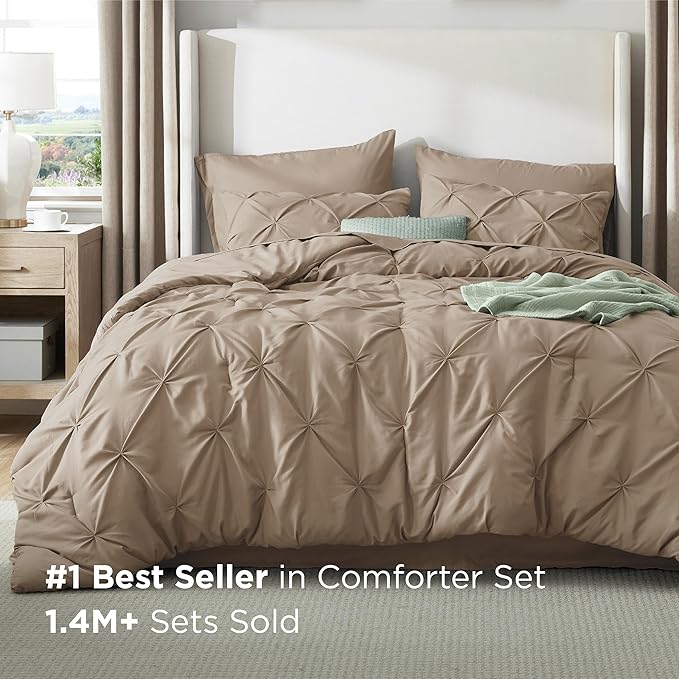 Bedsure California King Comforter Set Khaki - Bed in a Bag Cal King Bedding Set 7 Pieces, GentleSoft™ Pintuck Bed Set Gift for Family, Pinch Pleat Khaki Comforter with Sheets, Pillowcases & Shams