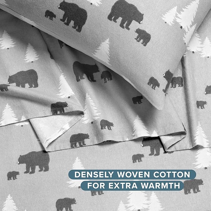 Bare Home Flannel Sheet Set Prints, 100% Cotton, Velvety Soft Heavyweight - Christmas Sheets - Double Brushed Flannel for Extra Softness & Comfort - Deep Pocket - Holiday Sheets (Queen, Kodiak)