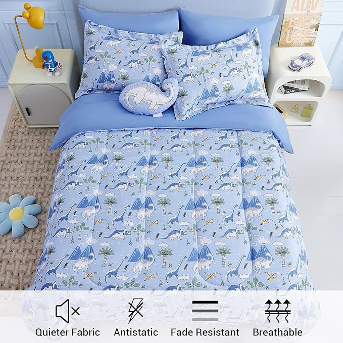 Mooreeke Kids Twin Comforter Sets for Boys 6 Pieces Dinosaur Blue Bedding Set for Teens Soft Microfiber Kids Bed in A Bag with Comforter, Sheet Set, Shams and Decorative Toy Pillow All Season