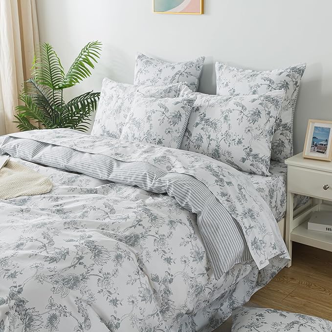 FADFAY Gray and White Duvet Cover Set Shabby White Floral Farmhouse Bedding Vintage Bird Peacock Quilt Cover Set 100% Cotton Comforter Cover with Hidden Zipper Closure 3Pcs, King/California King Size