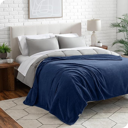 Bare Home Textured Fleece Blanket - Full/Queen - Ultra-Soft Lightweight for Bed, Sofa, and Couch - Luxury Microplush - Cozy Warm Blanket (Full/Queen, Chevron Dark Blue)