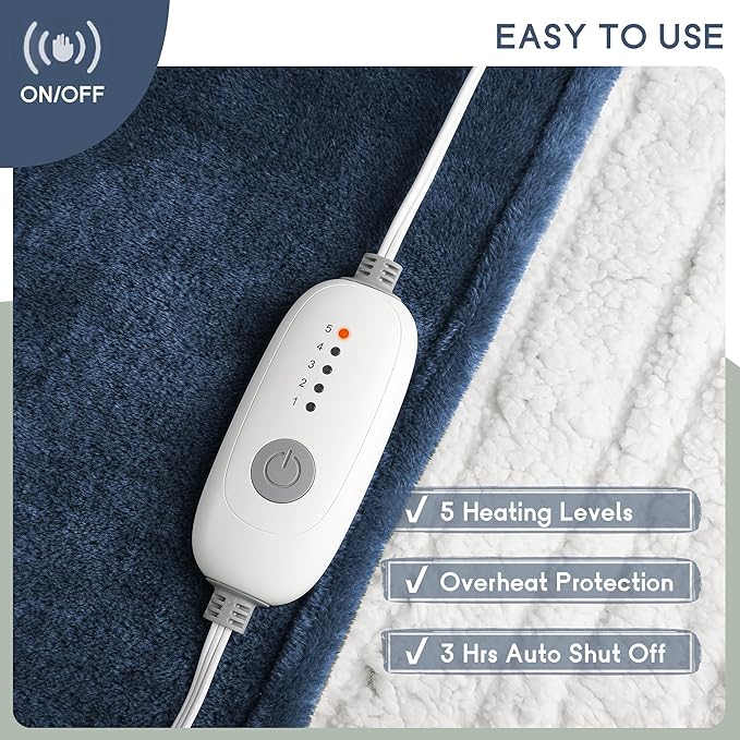 Heated Blanket Electric Throw 50''x60'', 3 Hour Auto Shut-Off 5 Heating Levels Small Warm Soft Flannel Electric Blanket Machine Washable - Navy Blue