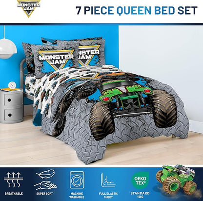 Jay Franco Kids Comforter Set Includes Sheets and Pillow Covers - Soft and Cozy Bed Set for Stylish Room Decor, Gray - Monster Jam 01, 7 Piece Queen Size Bedding
