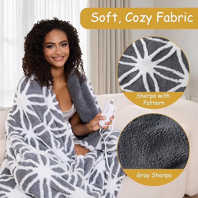 Electric Heated Blanket Full Size 72"x84" Ultra Soft Sherpa Fleece with Elegant Prints, 5 Heat Levels & 10H Auto-Off, Fast Heating for Cozy Winter Comfort, Grey & White