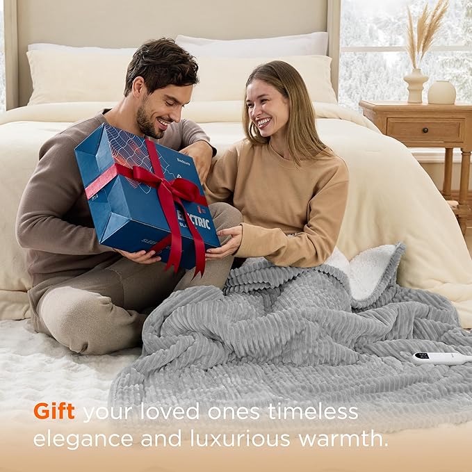 Bedsure GentleSoft Heated Blanket Electric Throw - Soft Ribbed Flannel Electric Blanket, Heating with 4 Time Settings, 6 Heat Settings, and 3 hrs Timer Auto Shut Off (50x60 inches, Light Grey)
