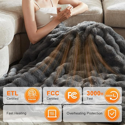 Heated Blanket Twin Size- Plush Thick Bubble Faux Fur Heated Blanket, Fast Heating Electric Blanket 6 Heating Levels & 10 Hours Auto-Off, Machine Washable, 62"x84", Dark Grey