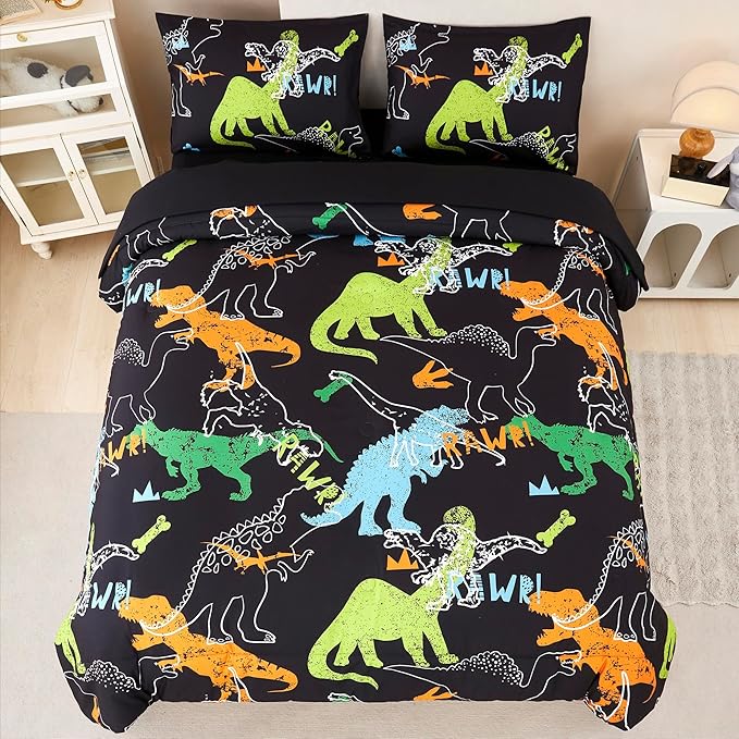 RYNGHIPY Dinosaur Comforter Set Twin Size 3Pcs Dinosaur Bedding Set for Kids Boys Girls Microfiber Boys Bedroom Set 1 Comforter with 2 Pillowcases (Multi,Twin)