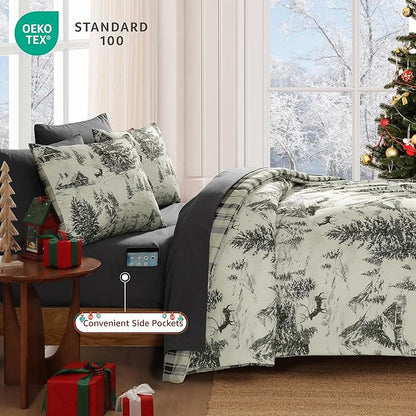 MaiRêve Christmas Queen Comforter Set, Grey Reindeer Tree Bed Set for Holiday, Reversible Gray Plaid Comforter Bed in a Bag, Soft Bedding Set 7 Pieces with Sheets, Pillowcases & Shams