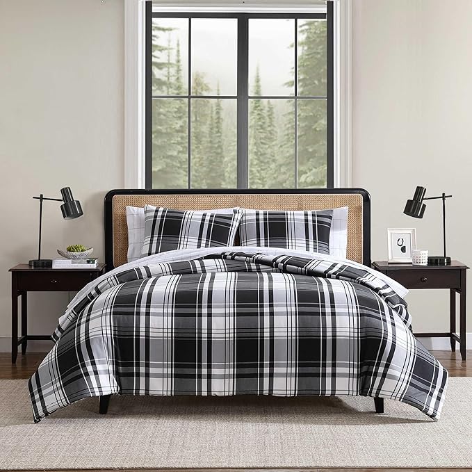 Eddie Bauer - King Comforter Set, Super Soft Reversible Bedding with Matching Shams, Plaid Home Decor, Oeko-Tex Certified (Saddle Mountain Plaid Black, King)