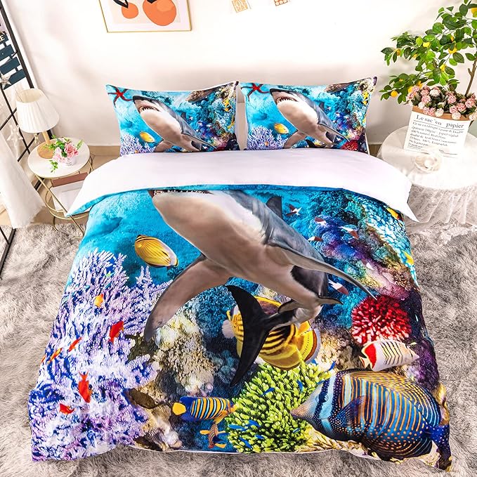 CVHOUSE Shark Duvet Cover Twin Size,Ocean Sea Bedding Set,Beach Comforter for Boys Kids Teens,1 2 Pillowcases 3 Piece Twin 71'x87'