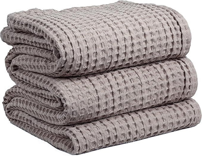 HILLFAIR 100% Cotton Blanket- 120"x120" XXL Oversized King Bed Blankets- Family Size 10 ft x 10 ft Big- Waffle Blankets- All Season Soft Breathable- Extra Large King Cotton Blanket for Bed- Khaki