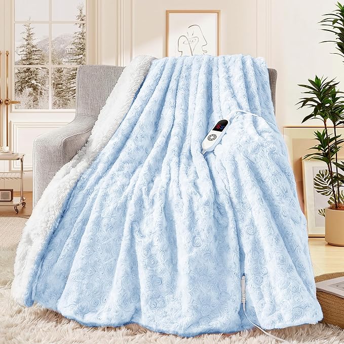MAXEVE Heated Blanket Electric Twin Size 62"x84" Faux Rabbit Fur Sherpa Blankets with 6 Heating Sets & 12 Hours Auto Off, Warm Gifts for Grandma Wife, ETL Certification