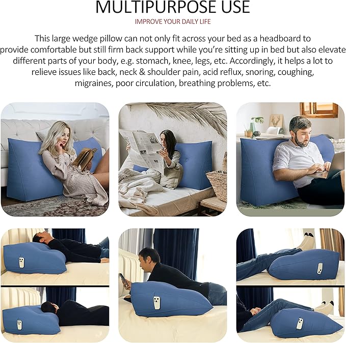 Wedge Headboard Pillow Dorm Room Reading Pillow Back Support for Sitting Up in Bed Bolster Lumbar Cushion Body Positioning Bedrest Cotton Linen 59in Blue Queen