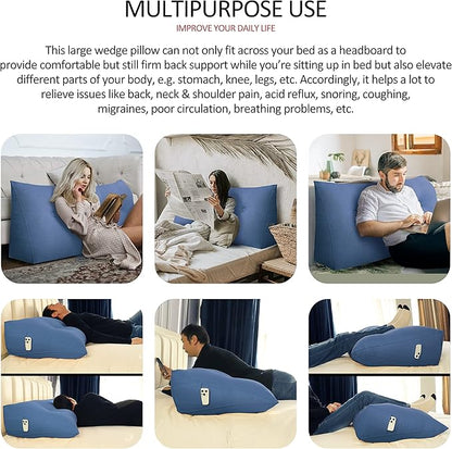 Wedge Headboard Pillow Dorm Room Reading Pillow Back Support for Sitting Up in Bed Bolster Lumbar Cushion Body Positioning Bedrest Cotton Linen 59in Blue Queen