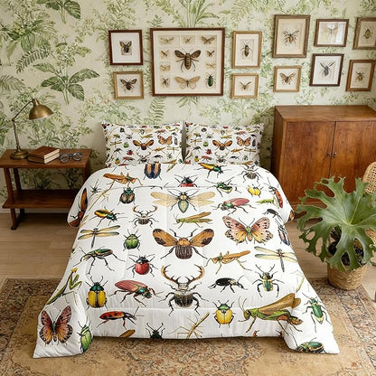 3D Insects Bedding Sets Queen,Ladybug Moth Beetle Duvet Cover 3Pcs for Kids Teens Woman Men Room Decor,Dragonfly Wildlife Quilt Cover Reptile Entomology Theme Comforter Cover,2 Pillowcases