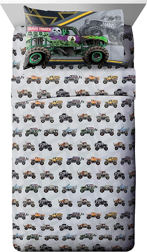Jay franco Monster Jam MJ Life 5 Piece Full Bed Set-Includes Reversible Comforter&Sheet Set-Bedding Features Grave Digger, Max-D, Megalodon-Super Soft Microfiber-(Official Monster Jam Product)