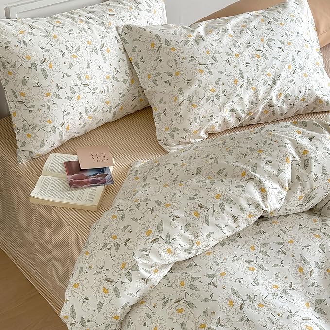 AOJIM Exquisite Floral Print Duvet Cover Set for Kids Adults, Soft Pure Cotton Comforter Cover Set 3pcs, 1 Comfy Breathable Quilt Cover Twin Size and 2 Matching Pillowcases for Room Decor, No Quilt