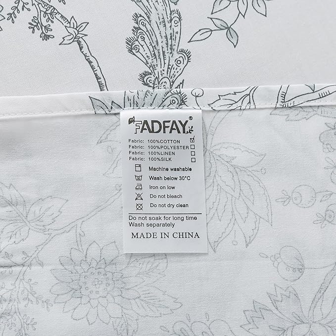 FADFAY Gray and White Duvet Cover Set Twin Shabby White Floral Bedding Vintage Bird Farmhouse Bedding Rustic Peacock Quilt Cover 100% Cotton Comforter Cover with Hidden Zipper Closure 3Pcs, Twin Size