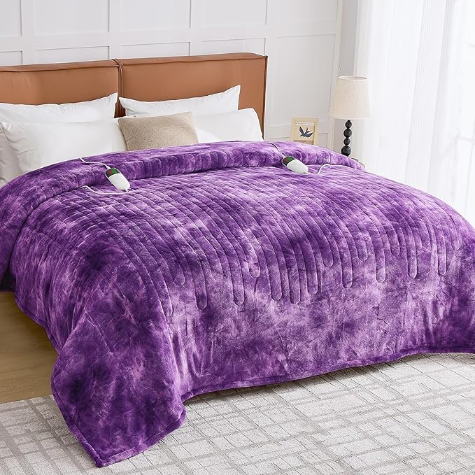 greenoak Heated Electric Blanket Throw, Faux Fur Sherpa Heating Blanket for Sofa Bed, Warm Winter Gifts for Women/Her, Heater Lap Blankets 5-Position Timer &10 Heating Levels 84''*90" Purple