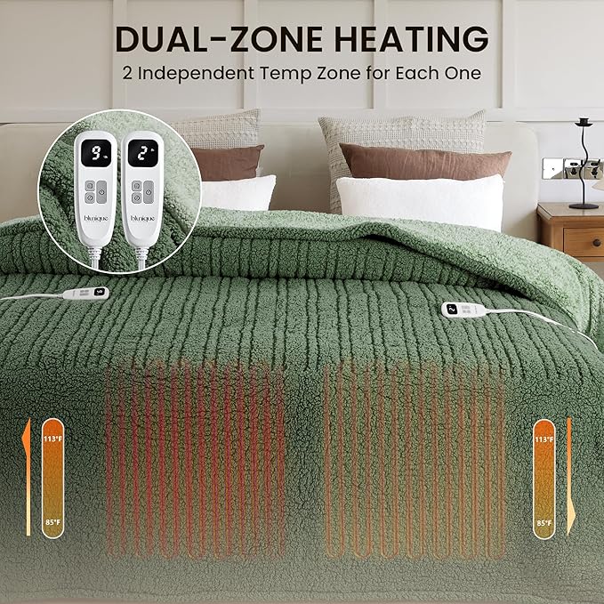 Heated Blanket Electric Blanket King - Fast Heating Blanket Throw Dual Control Double Sided Sherpa with 10 Heating Levels & 2-10 Hours Auto Off, Mashine Washable, 90 x 100 Inches, Sage&Green