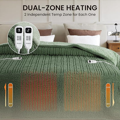 Heated Blanket Electric Blanket King - Fast Heating Blanket Throw Dual Control Double Sided Sherpa with 10 Heating Levels & 2-10 Hours Auto Off, Mashine Washable, 90 x 100 Inches, Sage&Green