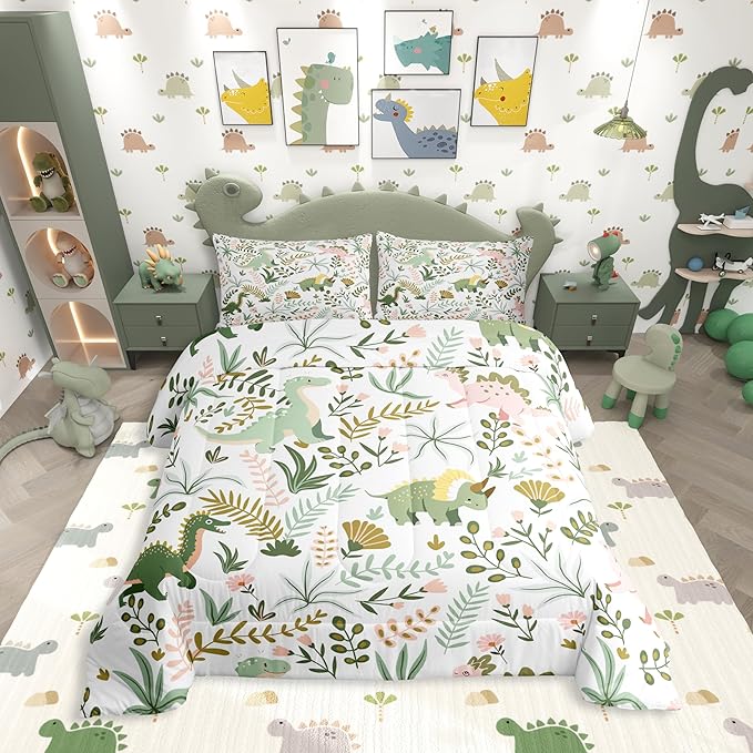 Castle Fairy Cute Dino Kids Comforter Set Twin Size,Kawaii Pink Green Dinosaur Bedding Set for Kids Boys Men,Cartoon Wildlife Floral Leaves Plant Quilted Duvet Set with 1 Pillowcase