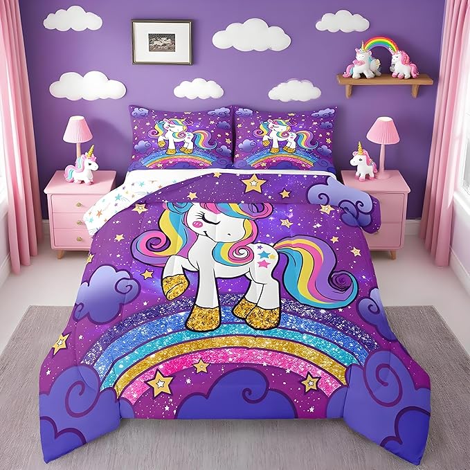 Feelyou Unicorn Bedding Queen Bed Sets for Girls Purple Cute Unicorn Comforter for Girls Comforter Set Star Print Kawaii Duvet Quilt Bedroom Decor Rainbow Bedding Cartoon Quilt,All Season