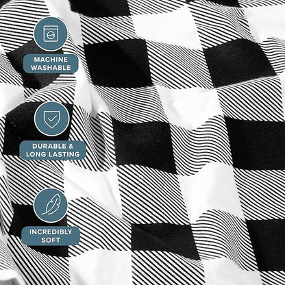 Bare Home Flannel Sheet Set Prints, 100% Cotton, Velvety Soft Heavyweight - Double Brushed Flannel for Extra Softness & Comfort - Deep Pocket - Bed Sheets (Queen, Buffalo Plaid - White/Black)